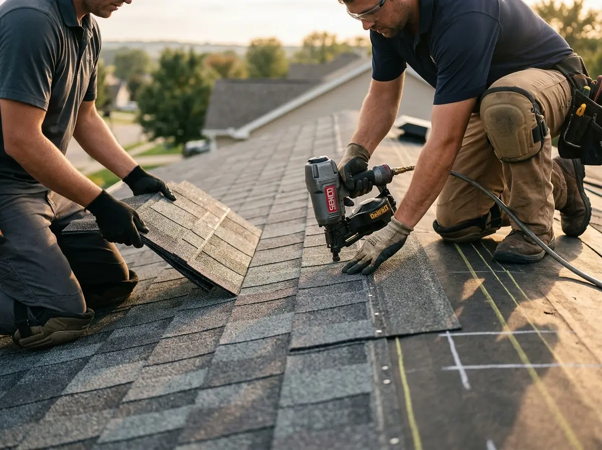 Professional roofer working on a residential roof in Northdale